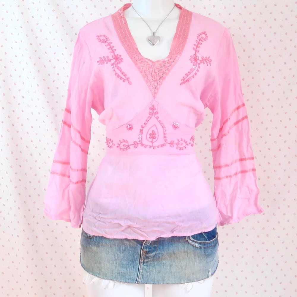 Y2K Pink Sheer Embroidered Blouse Sequin Fairycore 2000s